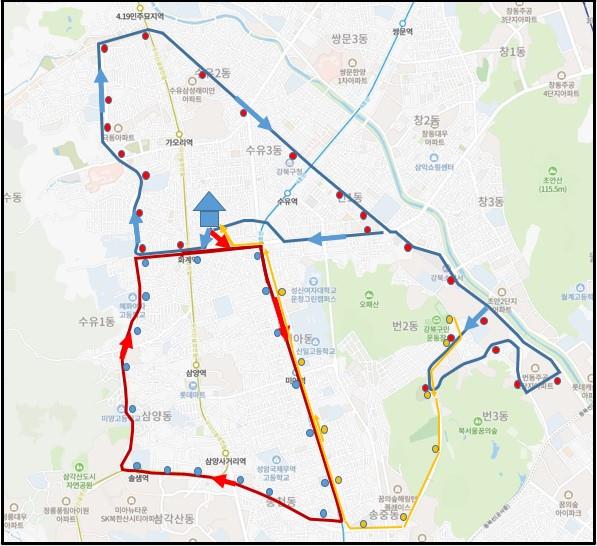 셔틀버스 09:00 노선 A코스 노선도
